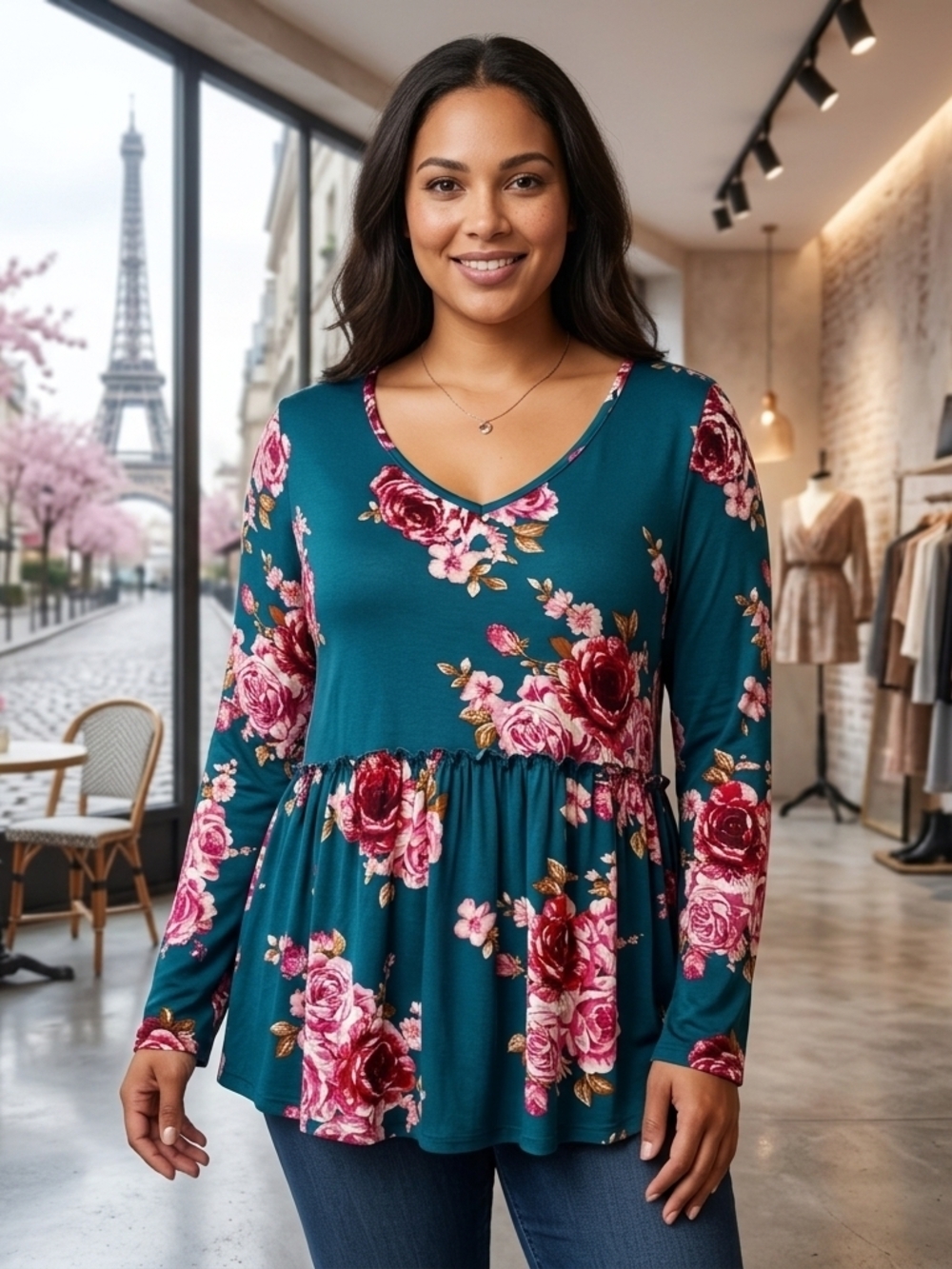 ANDREE BY UNIT Teal Floral V-Neck Peplum Tunic with Pink Roses